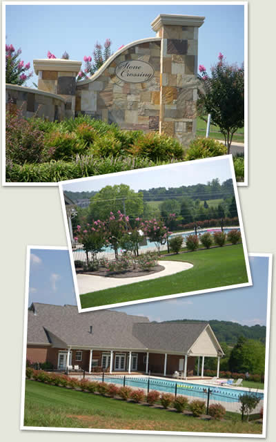 Photos of Stone Crossing entrance, clubhouse and pool.